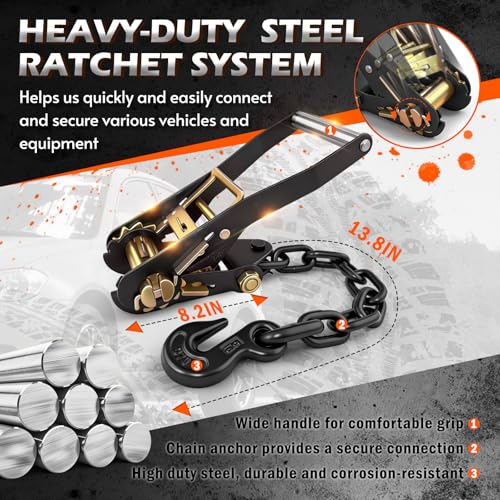 4 Pack Car Tie Down Straps for Trailers,2"×96" Ratchet Tire Straps with Heavy Duty Chain Anchors,Lasso Wheel Strap 9900LBS Break Strength for Trailers, UTV,SUV,Trucks and Any car Hauling by YATOINTO - Used condition - Image 5