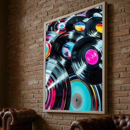 Tableau sur toile style vinyle rétro décoration musicale colorée 60x90cm
