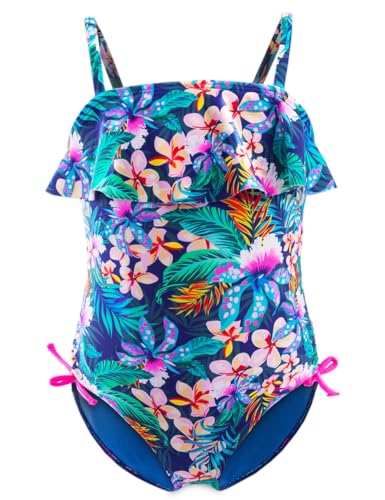 IKALI Mädchen Badeanzug Tankini, Blume gedruckt Bademode für Strand Baden Kleinkind/Kinder, Marine, 5-6Jahre
