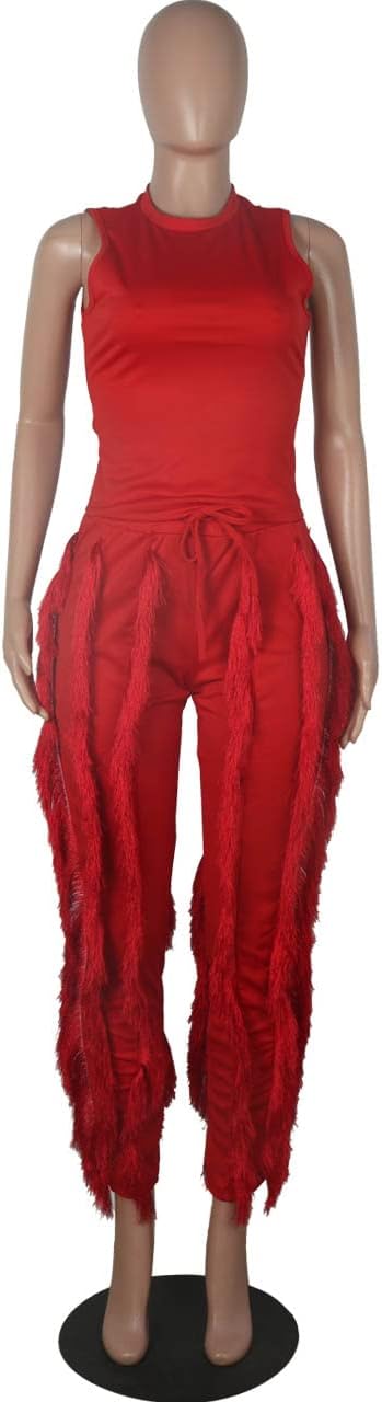 MESLIMA Workout Sets for Women 2 Piece Outfits Sleeveless Tank Top with Tassels Solid Long Pants Sweatsuit - Image 6