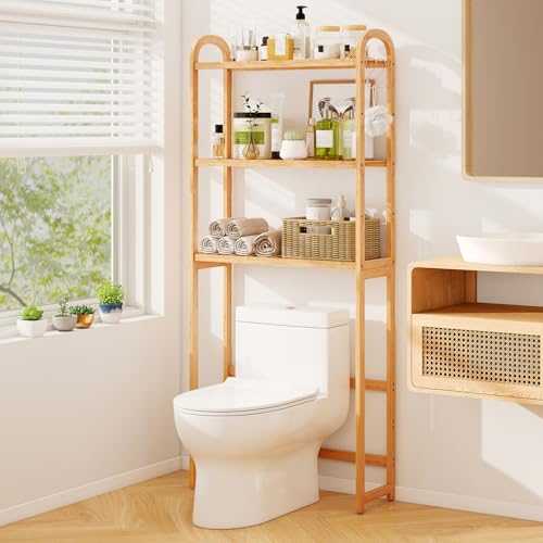 Giantex Over The Toilet Storage Cabinet, 3-Tier Bamboo Bathroom Shelves Over Toilet w/3 Hooks, Adjustable Shelves & Waterproof Feet Pad, Over Toilet Bathroom Organizer for Laundry, Balcony, Restroom