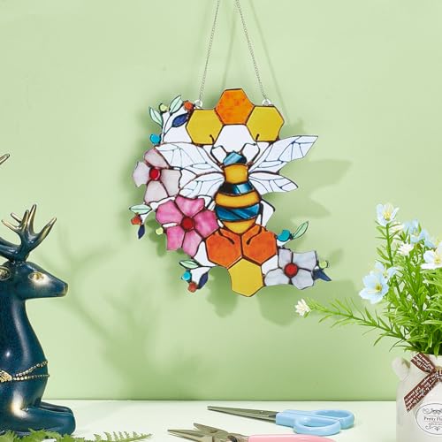 CREATCABIN Bees Stained Acrylic Suncatcher Honeycomb Window Hanging Decor Double Side Hand-Painted Ornament with Chain for Bee Lover Gift Mom 6.5x6.5 Inch - Image 4