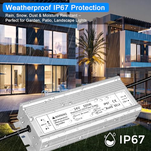 Image of 24V 500W LED Power Supply, IP67 Waterproof LED Driver, AC 110V to DC 24 Volt 20.83A Low Voltage Transformer Converter for Outdoor LED Lights, Lighting Projects & Industrial, 3-Prong Plug & 3.3FT Cable
