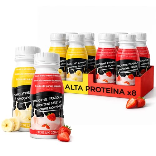 Smoothie Alto en Proteína Pack Mixto 200ml x8, Bebida Proteica Lista para Beber con Sabores Plátano y Fresa, Snack Saludable Bajo en Calorías, Sin Gluten, Ideal para Gimnasio, Trabajo o Uso Diario