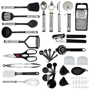 Kitchen Utensils Set – 30 Pcs Heat Resistant Cooking Utensils Nylon and Stainless Steel – Cooking Spoon, Ladle, Spatula, and Can Opener – Gadgets & Kitchen Accessories Ideal Xmas Gift