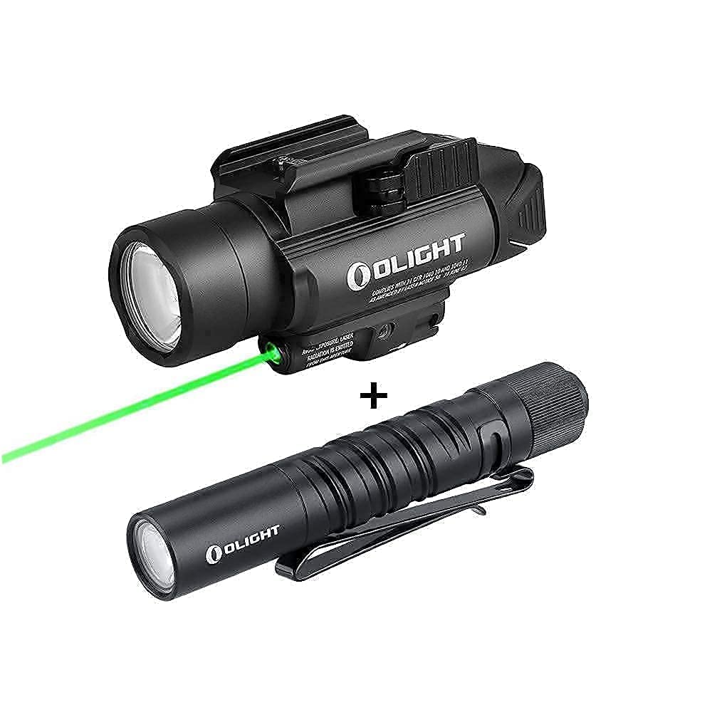 OLIGHT Baldr Pro 1350 Lumens Tactical Weaponlight with Green Beam, Bundled with I3T EOS 180 Lumens Dual-Output Slim EDC Flashlight for Camping and Hiking