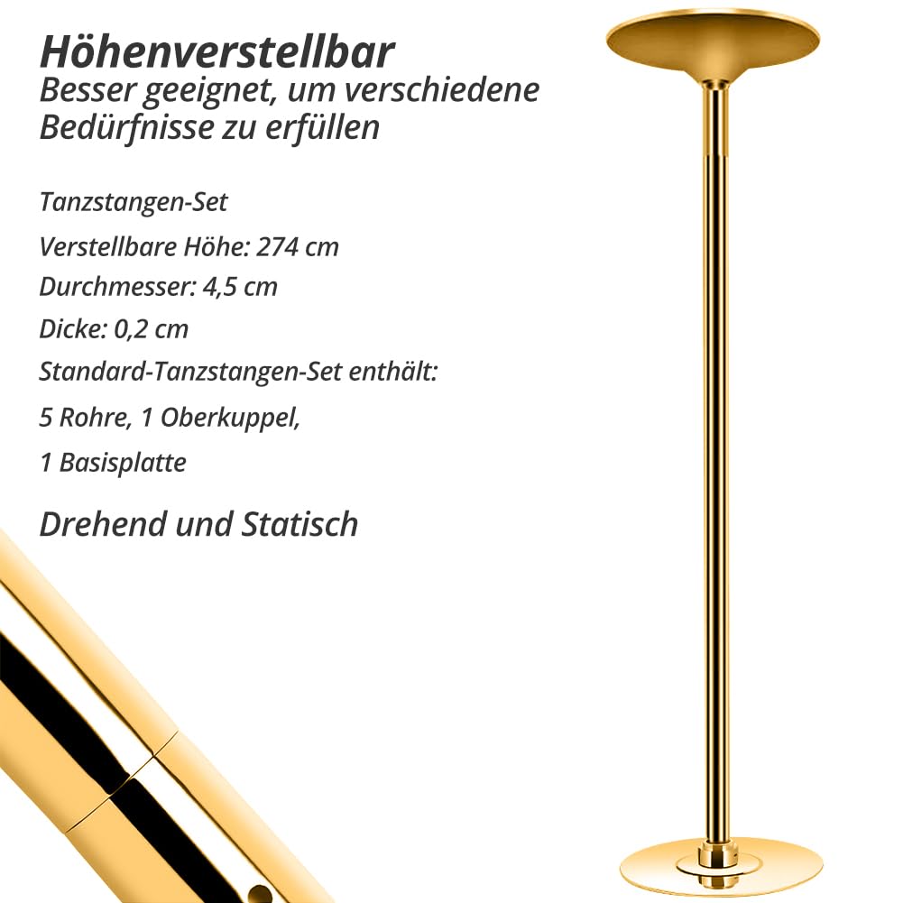 Roluck Pole Dance, barra da ballo, diametro 45 mm, lunghezza regolabile, set di danza professionale, portatile, rimovibile, con funzione statica + spinning (oro)