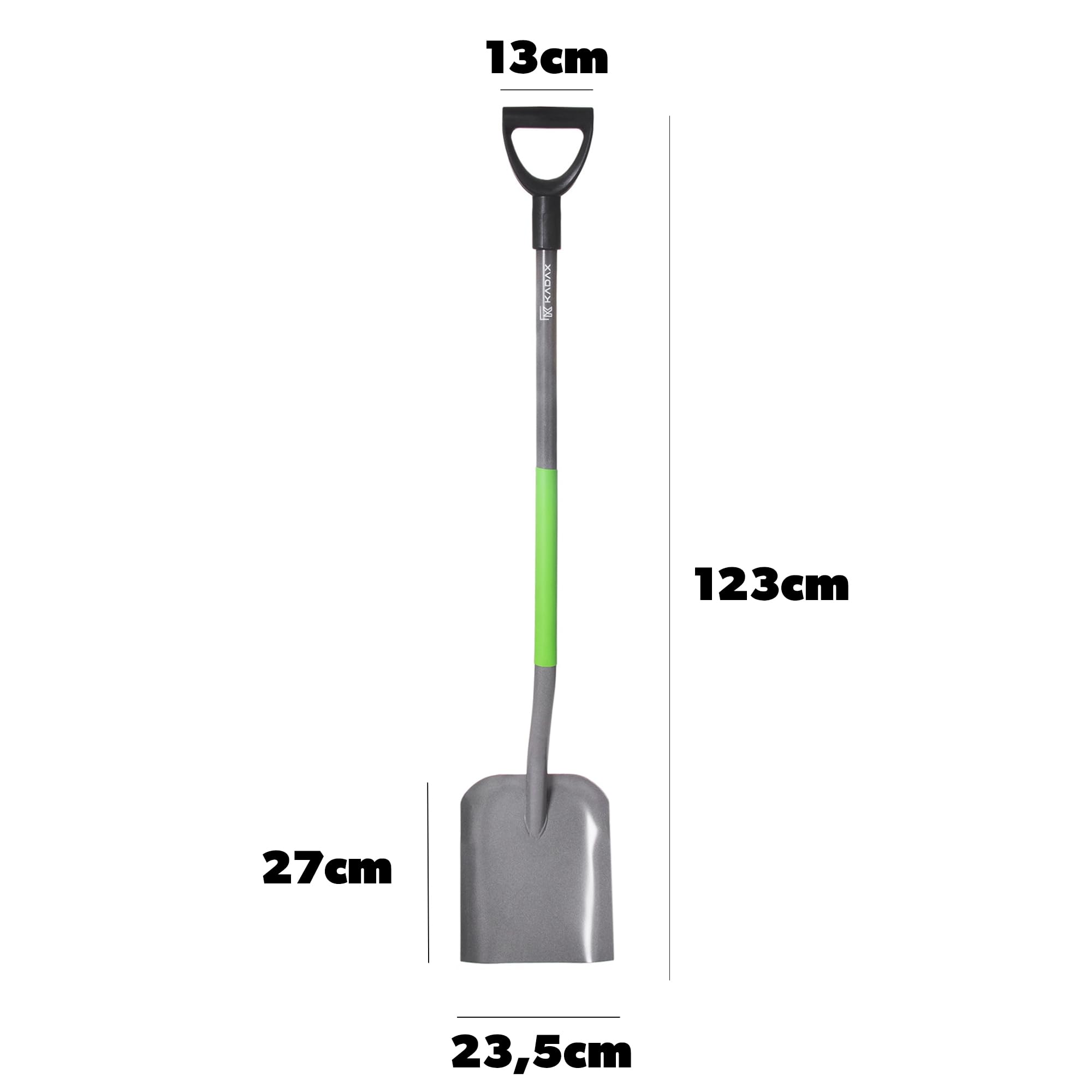 KADAX Sandschaufel für BAU-und Gartenarbeiten, Robuster Gartenspaten, Gartenschaufel, Gartenwerkzeug, Bauschaufel mit D-Griff und Stahlstiel, Spatenschaufel (Grün-Grau)