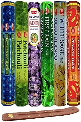 Six Most Popular Hem Incense Scents of All Time, 120 Sticks Total, with Free Burner – 20 Sticks Each of Dragon’s Blood, Frankincense & Myrrh, Patchouli, Precious Lavender, First Rain, and White Sage
