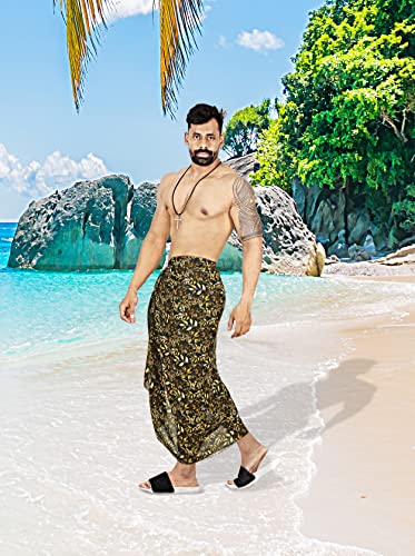 HAPPY BAY Men's Beach Holidays Cover Up Summer Long Sarong Wrap Beachwear Vacation Cover-Up Lava Lava for Men One Size Brown, Leaves2