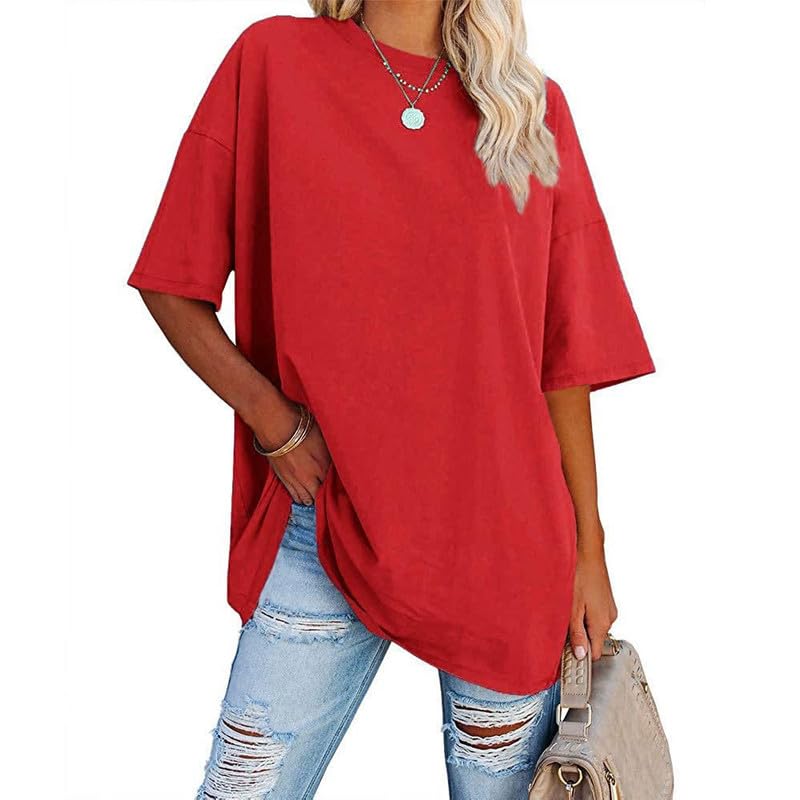 Women's Oversized T Shirts Round Neck Striped Tees Summer Half Sleeve Casual Comfy Cozy Cotton Tunic Tops