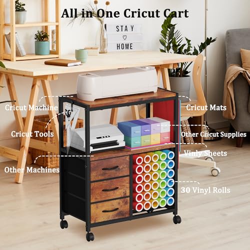 Image of 30 Vinyl Roll Holders for Cricut Cart, Rolling Craft Cart with 3 Fabric Drawer, Craft Organization and Storage Compatible with Cricut Maker Machine, Crafting Cabinet Table Workstation, Rustic Brown
