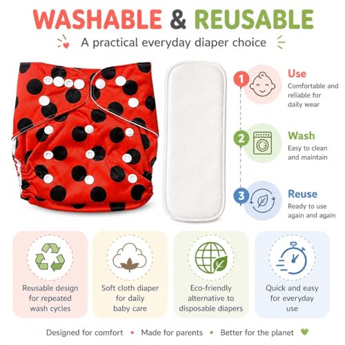 Image of Lukzer Reusable Baby Cloth Diaper with Microfiber Insert Pad, Pack of 2 | Free Size Adjustable Washable Baby Nappies with Snap Buttons | Soft Diapers with Leak Protection for Babies 3 Months-3 Years, 5-15 kg
