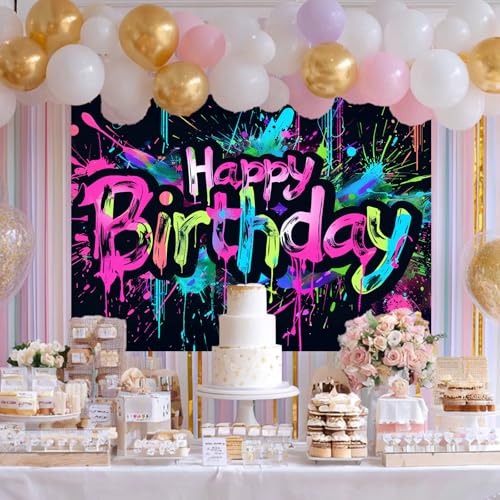 Image of HOMETITUTE Neon Happy Birthday Banner 84x60 Inch Photography Backdrops Party Background Decorations Colorful Graffiti Splash Paint Kids Birthday Supplies Glow in The Dark