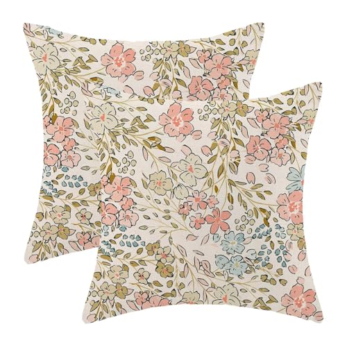 ZHOUYETAK Spring Pink Floral Pillow Covers 18x18 Inch Set of 2 Cute Flower Pattern Outdoor Decorative Wildflowers Throw Pillows Watercolor Couch Cushion Case for Chair Sofa Bedroom Living Room