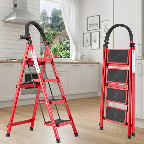 Image of Casa Copenhagen Red 4 Step Ladder for Home Use with Built-in Tool Tray | Heavy Duty D Shape Rods | Ultra Large Platform | Wide Rubber Feet | 150Kg Capacity Foldable Ladder - 7 Years Warranty