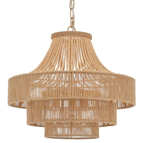 ELYCCUPA Wood Beaded Rattan Chandelier Boho Hand Woven Pendant Light 6-Lights Adjustable Coastal...