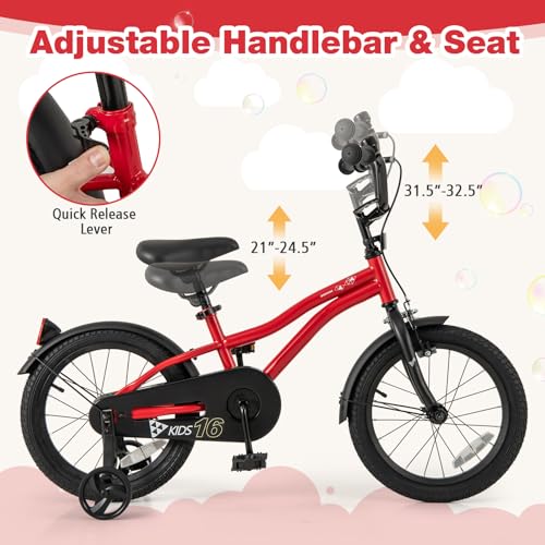 Image of BABY JOY Kids Bike, 12 14 16 18 Inches Sporty Bicycle with Training Wheels, Adjustable Seat, Handbrake & Coaster Brake, Reflectors, Girls Boys Bike for 3-8 Years Old Children