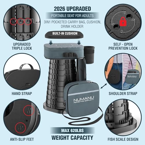 Image of NUMANU 2026 Upgraded XXL Collapsible Stool & 3IN1 Cushioned Carry Bag, 2.6 inch-19.7 inch Height Adjustable, Max 1,000lbs Portable Retractable Telescoping Seat, Foldable Camping Stool for Adults (XXL Square)