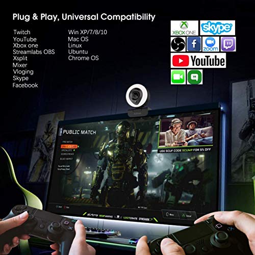 Streaming webcam HD 1080p con doppio microfono e luce ad anello, streaming videocamera USB Pro Web per Mac Windows Laptop Twitch Xbox One Skype YouTube OBS Xsplit