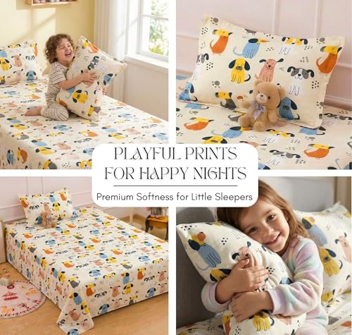 Image of VAS COLLECTIONS Single Bed Comforter Set 220 GSM Microfiber | Ultra Soft AC Comforter with Flat Bedsheet (60x90 Inches) & 1 Pillow Cover | 3 Pc Bedding Set (Puppy Print) | 3 Pc Bedding Set