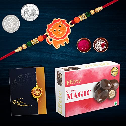 Image of DeoDap Multicolor Lion Magic 32gm Roli Chawal Rakhi with Choco Magic 32gm, Silver Pooja Coin, Tilak Set, Greeting Card - Rakhi Gift for Brother