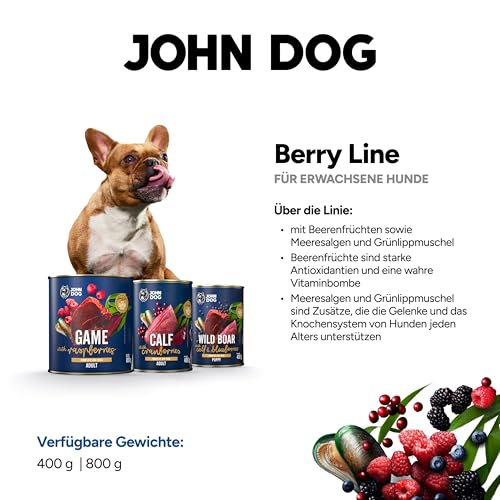 John Dog Hundefutter für Hunde Berry Line Wildschwein mit Himbeeren - Getreidefrei Hundenassfutter mit Superfoods und 96% Fleisch & Innereien - Nassfutter für Erwachsene Hunde 6 x 400g