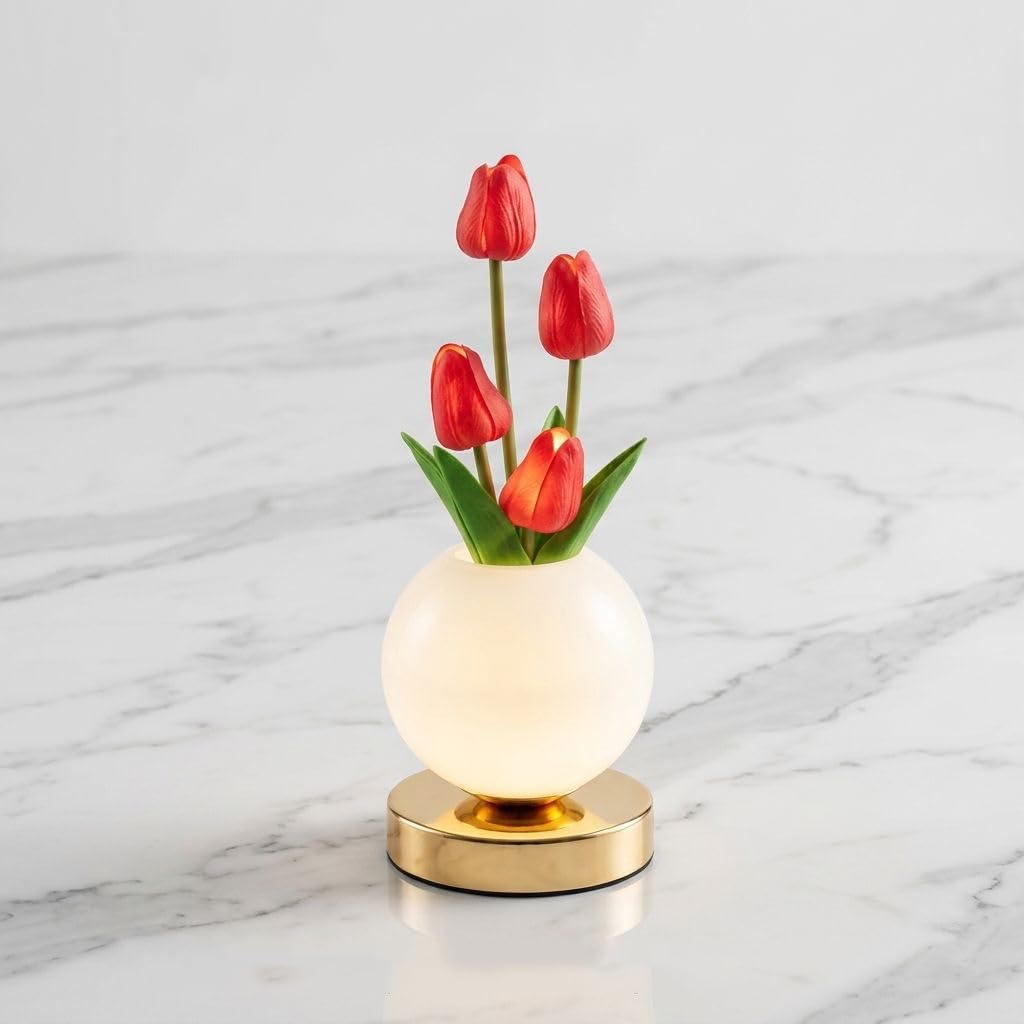 Tulip Flower Lamps, 3 Colors Dimmable Planet Night Light, Rechargeable Cordless Tulip Small Table Lamp for Date Party Home Decoration (White – Red Tulip)