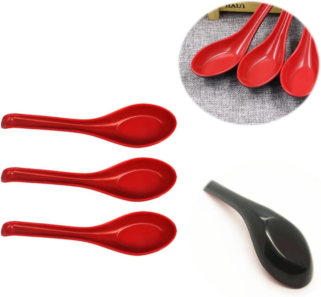 3pcs Plastic Chinese Soup Spoons Set, Large Long Handle Red