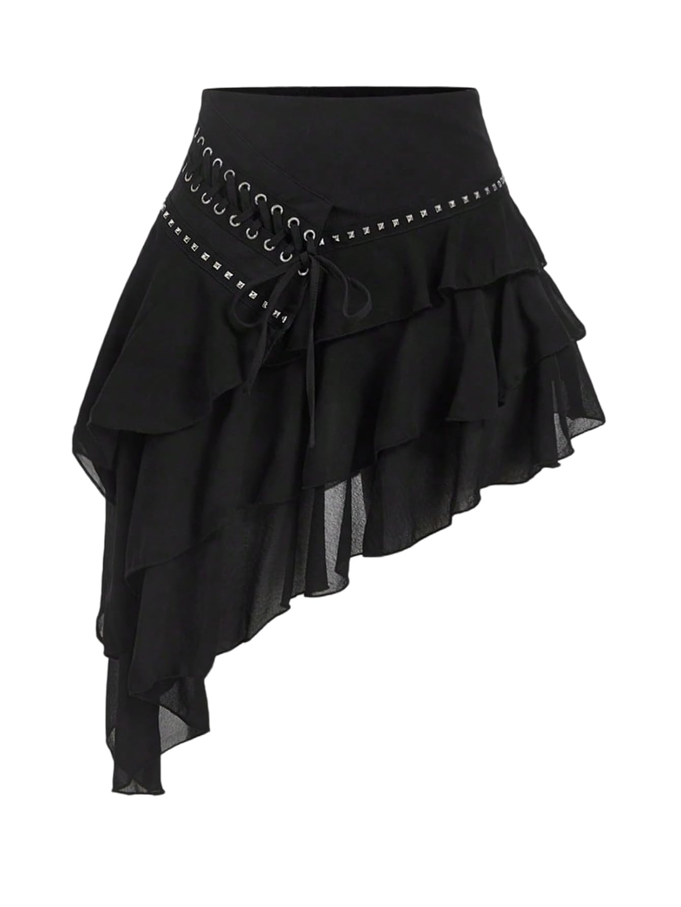 MakeMeChic Womens Layered Tiered Mini Skirt Lace Up Asymmetrical Studded Ruffle Hem Y2k Skirts