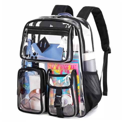 PIG PIG GIRL Clear Backpack for School,Heavy Duty PVC Clear Bookbag Transparent Backpack for Boys Girls Stadium Approved See Through Backpacks for Women Men for College, Black