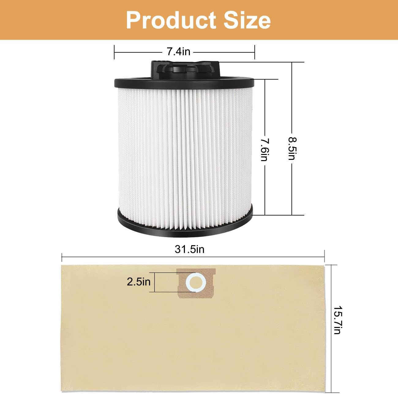 Alrens DXVC6910 Cartridge Filter Replacement for DEWALT Wet/Dry Vacuum 6-16 Gallon, 2 Pack DXVA19-4101 Replacement Filter Bags for DEWALT Wet/Dry Vacuum 6-10 Gallon