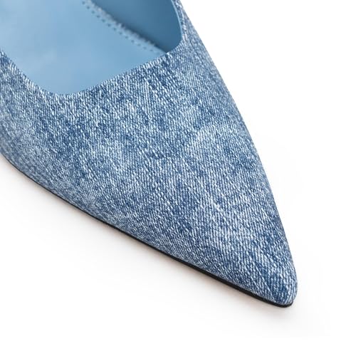 Denim Blue Heels for Women,Kitten Heels Slingback Pointed Toe Pumps Bride Wedding Shoes 114