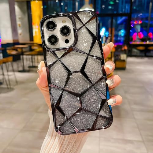 Image of VONZEE Compatible with iPhone 15 Pro Max Gradient Glitter Case, Luxury Electroplated 3D Cube, Diamond Bling Shiny Soft TPU Clear Shockproof Case Women Girls Protective Phone Cover (Black)