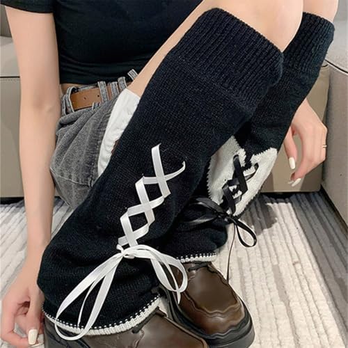 Image of Goth Knitted Leg Warmers for Women Punk Flared Graphic Long Rave Y2k