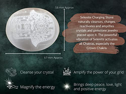Image of Amazing Gemstone Selenite Palm Stone - Hamsa Hand Engraved Hot Massage Worry Stone for Natural Body Chakra Balancing, Reiki Healing and Crystal Grid
