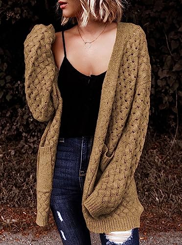 Dokotoo Womens Sweaters 2025 Fashion Oversized Loose Casual Fall Autumn Winter Thick Long Sleeve Open Front Long Cable Knit Cardigan Sweater for Women Outerwear Coat Khaki Medium
