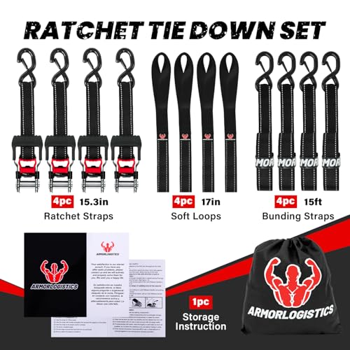 Image of Retractable Ratchet Straps 4 Pack, 1.5in x 15ft Motorcycle Tie Down Straps
