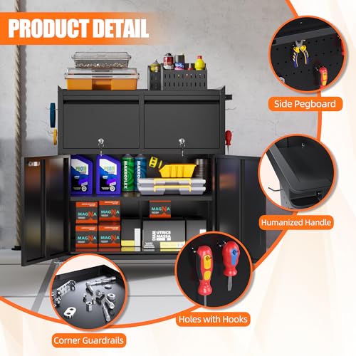 Image of Metal Tool Cabinet with 2 Drawers, Adjustable Shelf & Wheels, Black