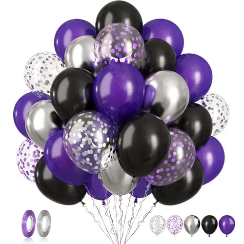 Image of 60PCS Purple Black and Silver Balloons,10 inch Purple Black and Silver Balloon Arch Kit Birthday Decorations,Suitable for Birthday Wedding,Halloween Party Decorations