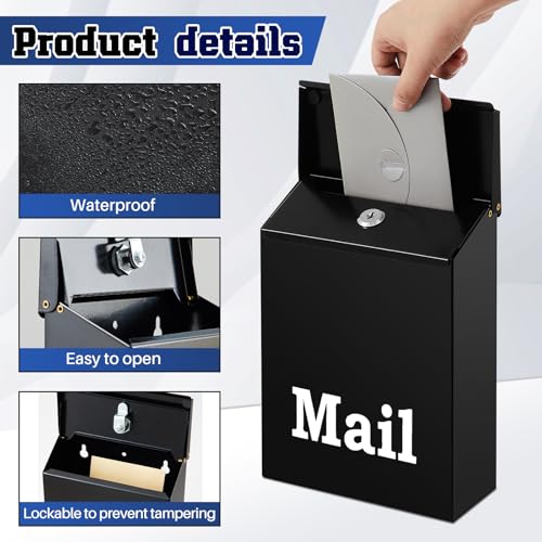 Image of MorningRo 10 x 7 x 3 Inch Small Black Wall Mount Mailbox with Lock Key for Outside Apartment Porch Rust Proof Security Key Drop Box for Letters Newspapers Cards