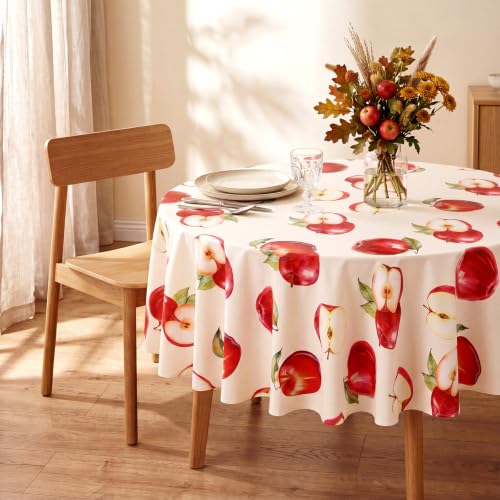 Image of Ganeen 6 Pcs Apple Themed Plastic Tablecloths Fruit Themed Decorations Fall Apple Disposable Table Cover 84 Inch Plastic Round Table Covers Fall Harvest Tablecloths Bulk for Baby Shower Party