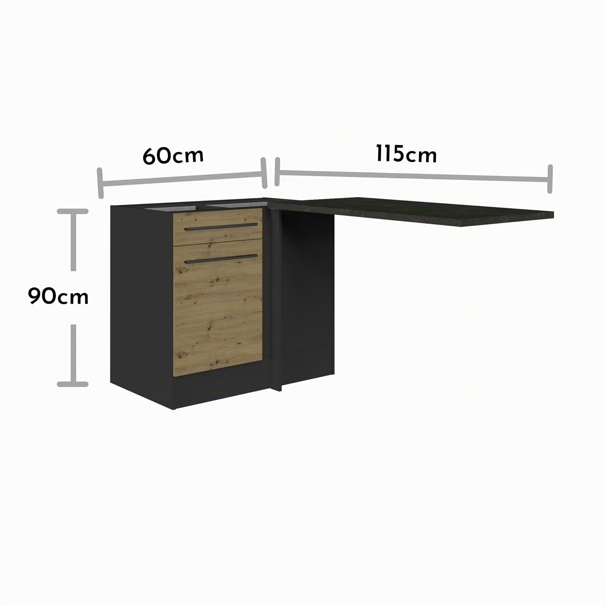 JAZZ Moderner Eckschrank Küche mit Arbeitsplatte in Anthrazit, Artisan Eiche Optik - Geräumiger Eck-Unterschrank mit viel Stauraum - 115 x 90 x 60 cm (B/H/T)