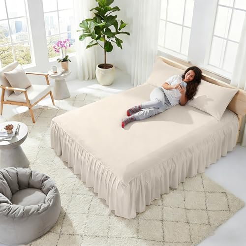 Falda de cama estilo redondo beige de alta sastrería Ruffled Solid de 140x200 cm 7
