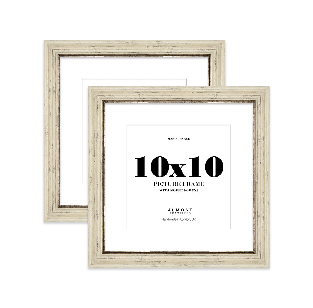 10x10" Distressed Cream Picture Frame - 10x10" Square Frame with 8x8" Mount for 10x10"/8x8" Pictures Art Deco Style Photo Display, 2 Pack
