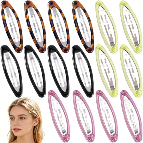 SmallCat 16 Pcs Hair Metal Barrettes for Women, Oval Large Barrettes, Small Snap Hair Clips for Women, Flat Non Slip Large Hair Clips (Black & Leopard Print & Green & Purple)