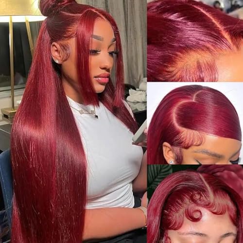 Image of tobasew ​99J Burgundy Lace Front Wigs Human Hair 200 Density Straight 13x6 HD Transparent Lace Frontal Wigs Human Hair Pre Plucked Glueless 22 Inch Red Color Human Hair Lace Front Wigs for Women