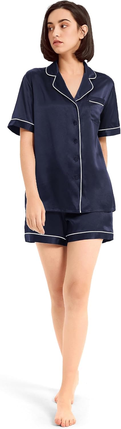 Completo Pigiama Estivo da Donna in 2 Pezzi - Pigiama A Maniche Corte, Fresco E Morbido con Bordino, Ideale per Dormire E Rilassarsi. Navy Blue X-Small
