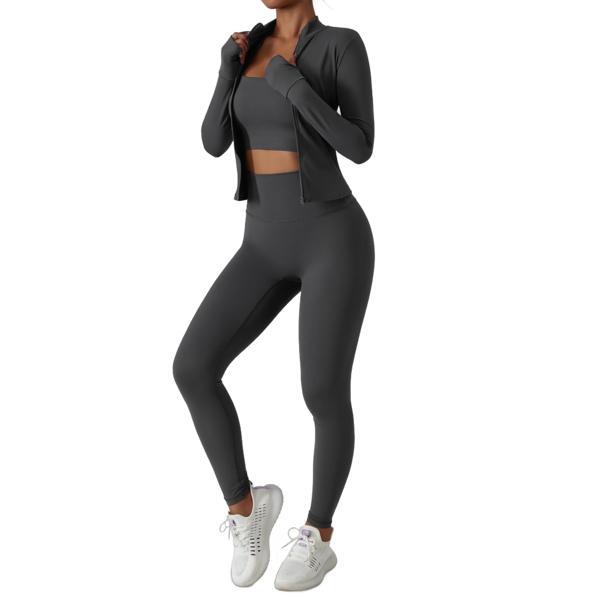 Women’s 3 Piece Workout Set – Sports Bra, Leggings & Jacket with Thumbholes – Yoga Outfit Activewear for Gym Running Training
