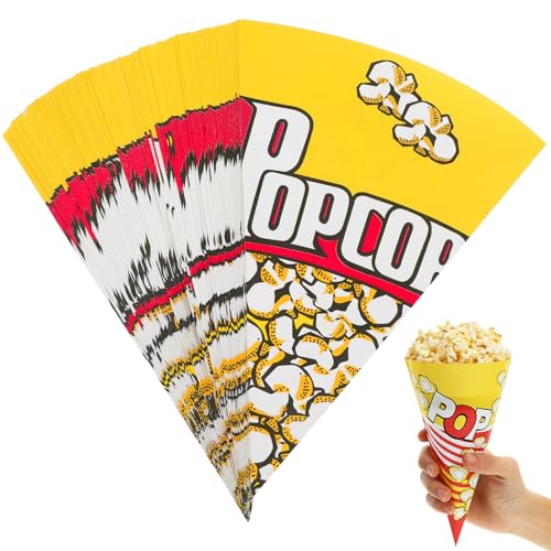 Image of TOYANDONA 100 Pcs Paper Popcorn Bags, Cone Shaped Party Popcorn Boxes Candy Container Great Carnival Snacking Bags for Birthday Theater Themed Parties Movie Nights